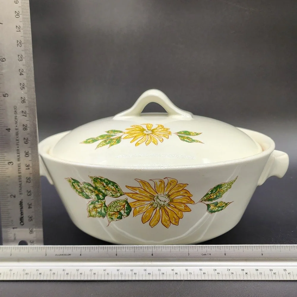 Vintage Sunflower Ceramic Casserole Dish Lid Cream Yellow Floral Cottage MCM